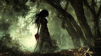 Lady ghostly woman scary horror grotesque monster evil devil female spirit standing in the middle of the woods forest dark dangerous mood asian folklore