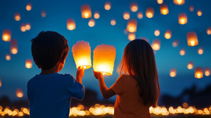 A boy and a girl stand together in a field holding glowing lanterns, surrounded by numerous floating lanterns illuminating the serene evening sky.
