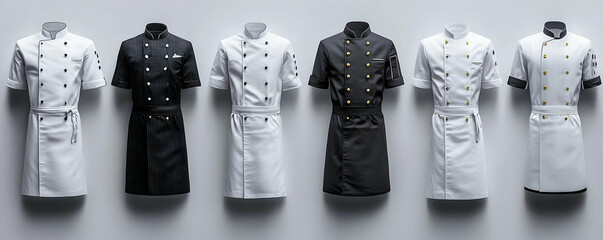 Six chef jackets, wall background, culinary