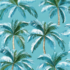 palm tree pattern, seamless design, tropical print, white background, green foliage, botanical pattern, nature-inspired, exotic leaves, summer theme, vector illustration, minimalist tropical