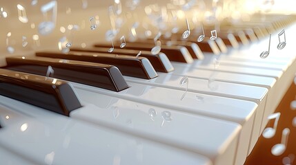 Close-up of piano keys with floating musical notes, creating a serene musical atmosphere