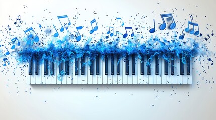 Vibrant piano keys with musical notes and blue splashes creating a dynamic artistic scene