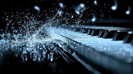 Splashing water on piano keys while musical notes float in the air, creating a dynamic scene