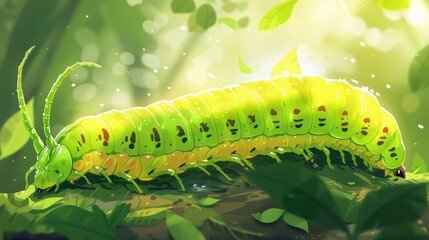 Naklejka premium A vibrant green caterpillar resting on a log amidst lush foliage and soft sunlight.