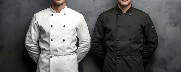 Chefs in white and black uniforms, studio