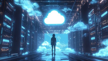 Cloud Computing, Server Room, Figure, Futuristic Corridor