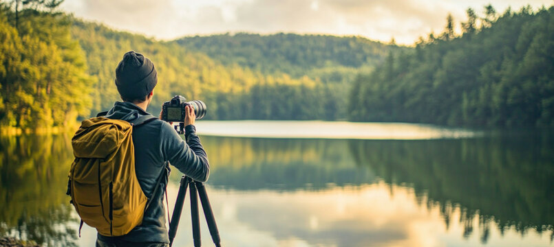 Photographer taking pictures of a lake in a forest at sunset with professional camera and tripod