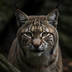 Obraz premium Majestic Eurasian Lynx Portrait in Dark Forest