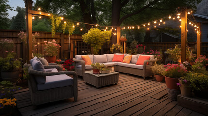 Fototapeta premium Cozy outdoor deck with string lights and comfortable seating, surrounded by plants and flowers. A perfect evening setting for relaxation and enjoying summer nights.