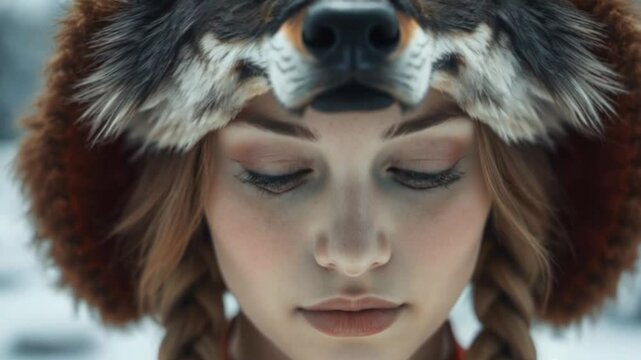 female model with a hat and winter clothes with a wolf head hat