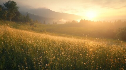 Obraz premium Sunset over misty mountain meadow