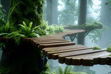 A misty forest canopy walkway with moss-covered trees and ferns, leading to an ancient tree covered in lichen. The wooden bridge creates the impression of walking on clouds