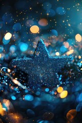 A vibrant digital artwork showcasing a glittering blue star amidst a sea of shimmering lights and bokeh effects, creating a magical and festive atmosphere