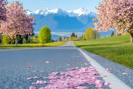 A road leading into the distance, surrounded by cherry blossom trees in full bloom, pink petals floating gently with green leaves and grass on both sides. The background features distant mountains