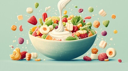 Vibrant fruit salad swirls dynamically in bowl creamy dressing cascades playfully soft light enhances sweet deliciousness. AI Generated