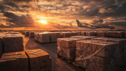 Cargo Boxes and Airplane at Airport at Sunrise