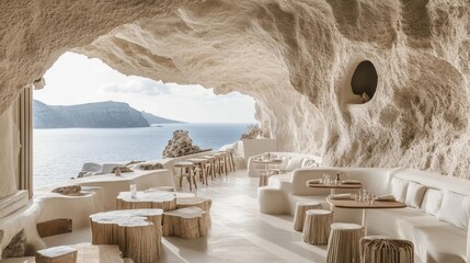 Stylish oceanfront cave restaurant in Santorini, featuring neutral tones and open-air dining