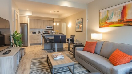 Fototapeta premium Modern open concept living room showing kitchen and dining area