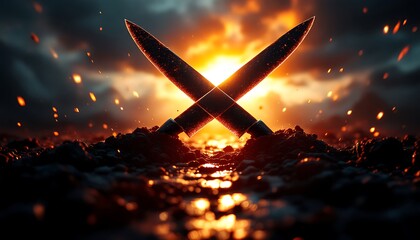 Crossed Knives Silhouette at Sunset with Dramatic Sky and Sparks