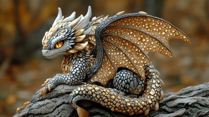 Gold dragon figurine autumn forest background fantasy art