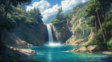 Naklejka premium Majestic waterfall cascading into serene lake, surrounded by lush forest, sunny day, perfect for travel brochures