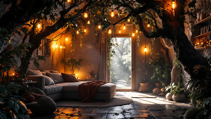 Nature photograph of anime game art background cozy basement with ambient lights abstract digital illustration created with generative ai, 67