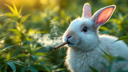 Obraz premium Nature photograph of happy easter bunny rabbit smoking marijuana joint with cannabis leaf generative ai 7878