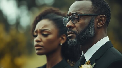 A grieving couple stands solemnly outdoors, woman's face showing sadness. Image depicts loss and sorrow, ideal for sympathy cards or articles on grief.