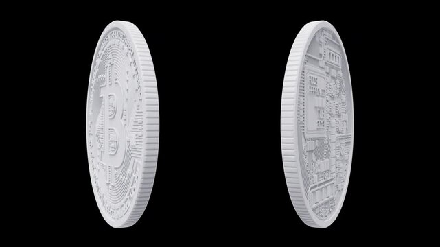 3d White Bitcoin Front and Back Side Seamless looping 3d Animation in Alpha