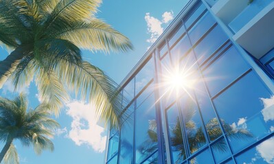 Fototapeta premium blue building with glass windows and the sun shining through, palm trees in the foreground, a bright blue sky, and a low-angle shot. 