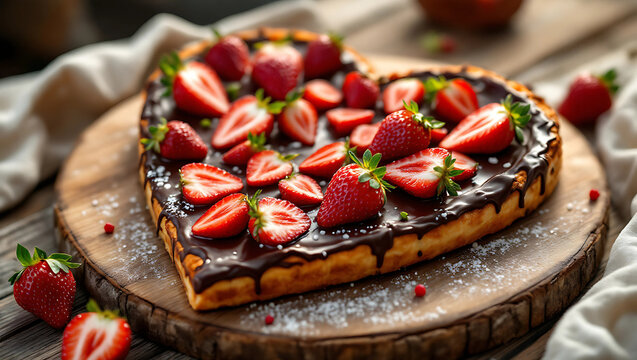 Premium photograph of dessert heart choco pizza w strawberries generative ai, 798