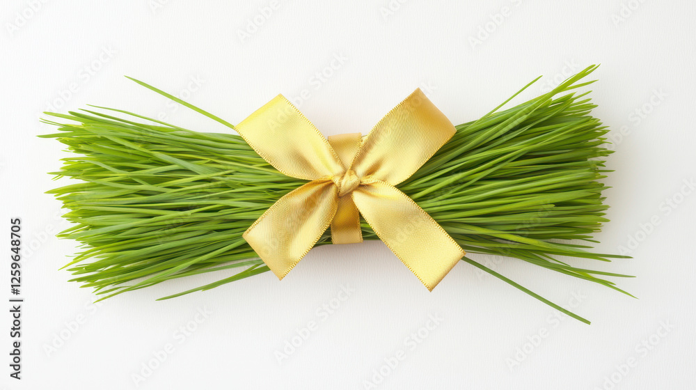 Wall mural Freshly arranged Easter wheatgrass bundle with golden ribbon