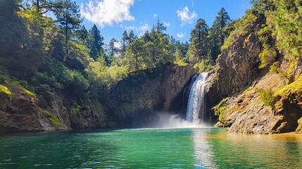 Fototapeta premium Waterfall cascades into serene pool, lush forest backdrop, sunny day, nature travel