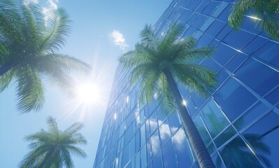Fototapeta premium blue building with glass windows and the sun shining through, palm trees in the foreground, a bright blue sky, and a low-angle shot. 