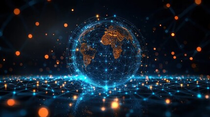 Obraz premium Global network connection, digital earth, glowing particles, dark background, technology concept