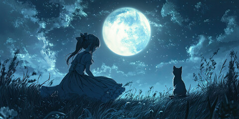 Anime cute teenager girl with black cat, moonlit fantasy landscape, magical night scene, dreamy wallpaper backdrop