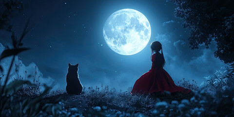 Anime cute teenager girl with black cat, moonlit fantasy landscape, magical night scene, dreamy wallpaper backdrop