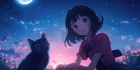 Anime cute teenager girl with black cat, moonlit fantasy landscape, magical night scene, dreamy wallpaper backdrop