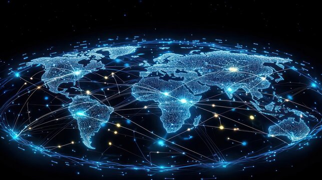 Global network connections, digital world map, space background, data visualization