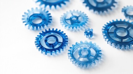 Blue gears and puzzle piece on white background; teamwork concept