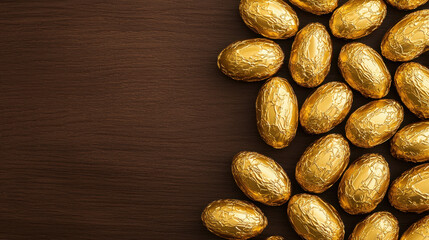 Obraz premium Golden chocolate eggs arranged on wooden surface, perfect for celebrations