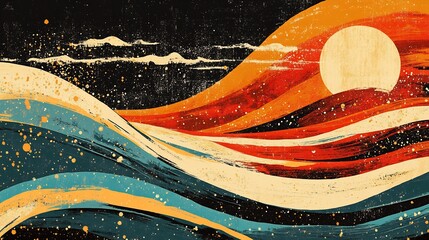 Obraz premium Serene Sunset Waves Abstract Painting Warm Color Palette. AI Generated