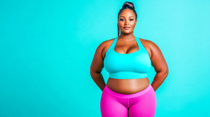 Obraz premium Confident plus size model posing in sportswear on turquoise background