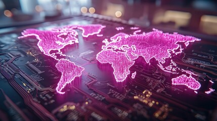 Global network, digital map, circuit board, glowing, future, technology, connection, background blur, data visualization, website banner