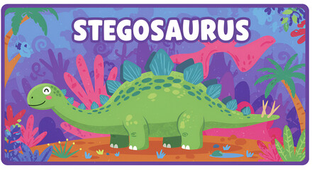 Whimsical Stegosaurus Dinosaur in Vibrant Jungle Setting - Playful Cartoon Illustration, Prehistoric Wildlife, Jurassic Era, Paleontology, Children's Education, Fantasy Landscape,  AI Generated Image
