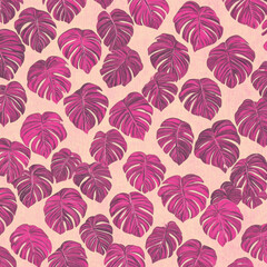 repeating monstera pattern on pink