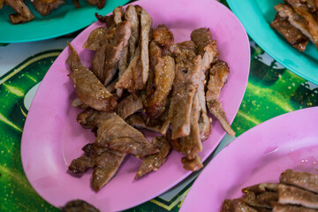 Grilled meat cow or beef of Thai food style for eating with Somtum.