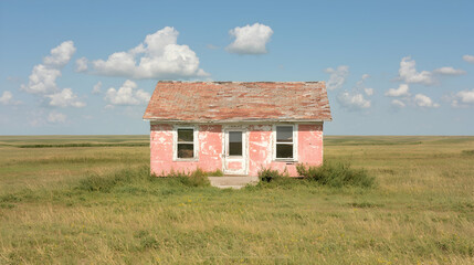 Pink house, prairie landscape, abandoned, summer day, rural