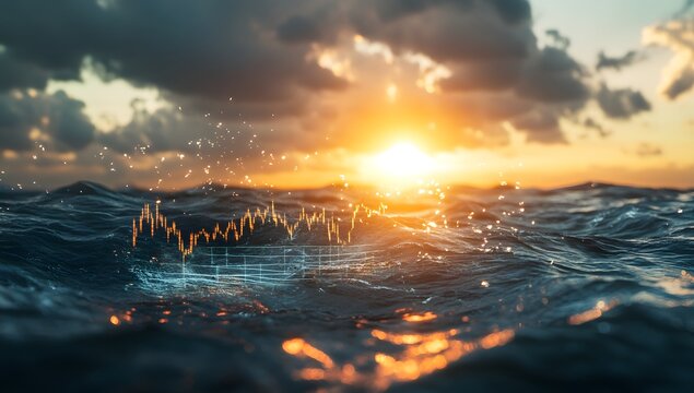 Financial charts on ocean waves at sunset - Powered by Adobe
