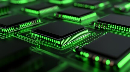 Close-up view of green-lit microchips on a circuit board, showcasing technology in a modern setting